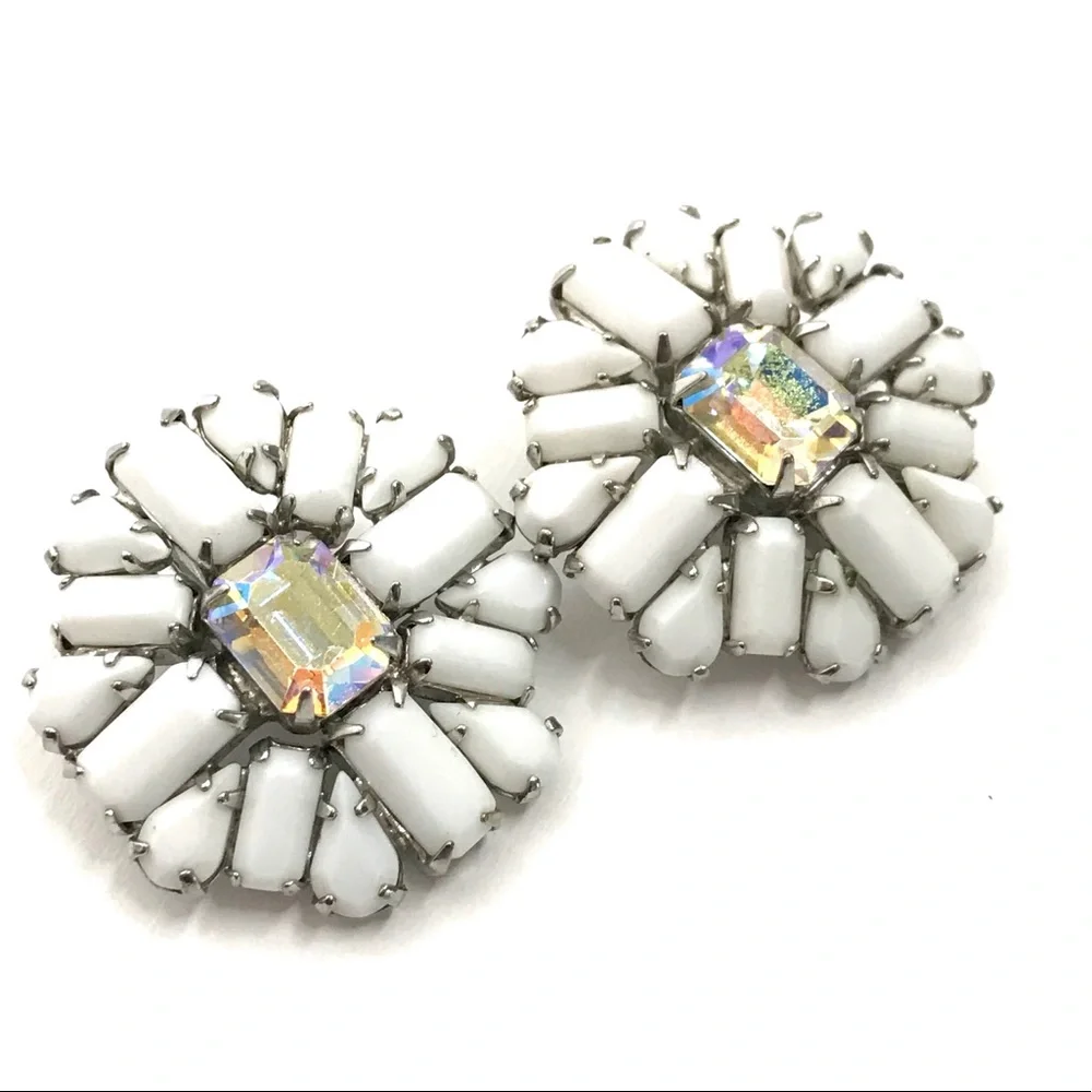 WEISS Vintage Earrings White Glass Crystal Retro